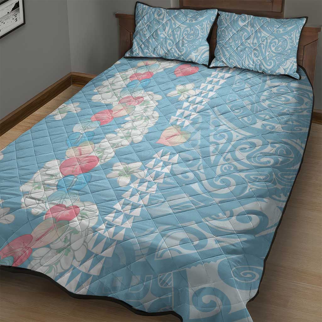Blue Hawaii Anthurium Plumeria Lei Quilt Bed Set