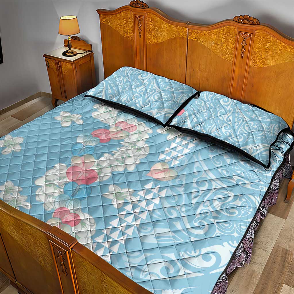 Blue Hawaii Anthurium Plumeria Lei Quilt Bed Set