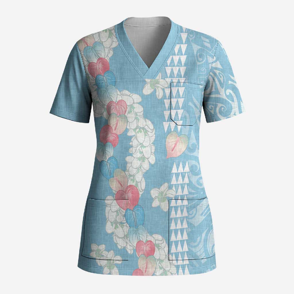 Blue Hawaii Anthurium Plumeria Lei Scrub Top