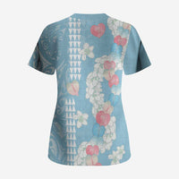 Blue Hawaii Anthurium Plumeria Lei Scrub Top