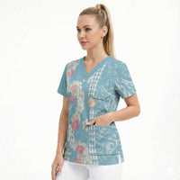 Blue Hawaii Anthurium Plumeria Lei Scrub Top