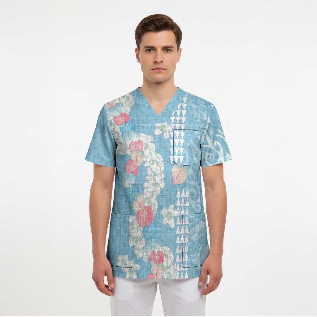 Blue Hawaii Anthurium Plumeria Lei Scrub Top