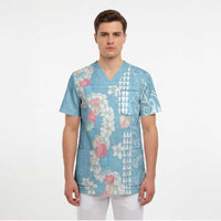 Blue Hawaii Anthurium Plumeria Lei Scrub Top