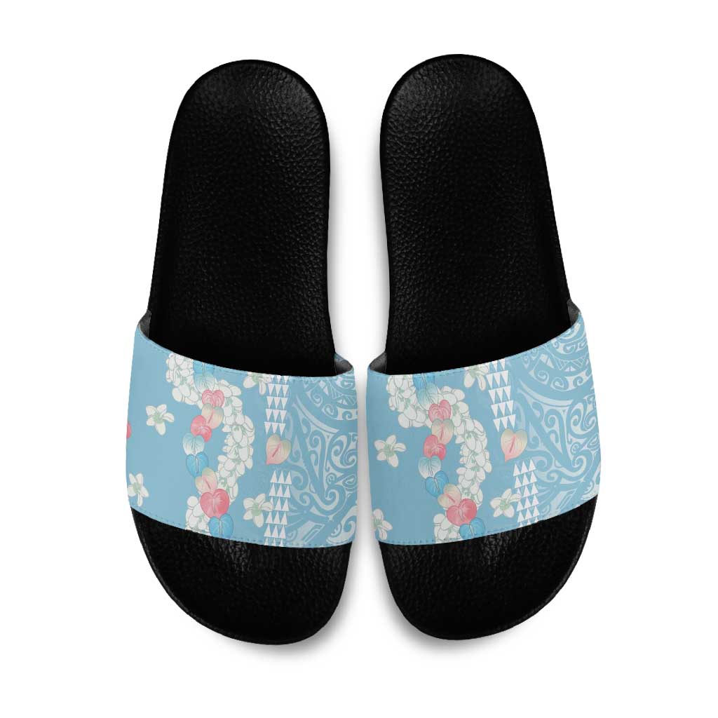Blue Hawaii Anthurium Plumeria Lei Slide Sandals