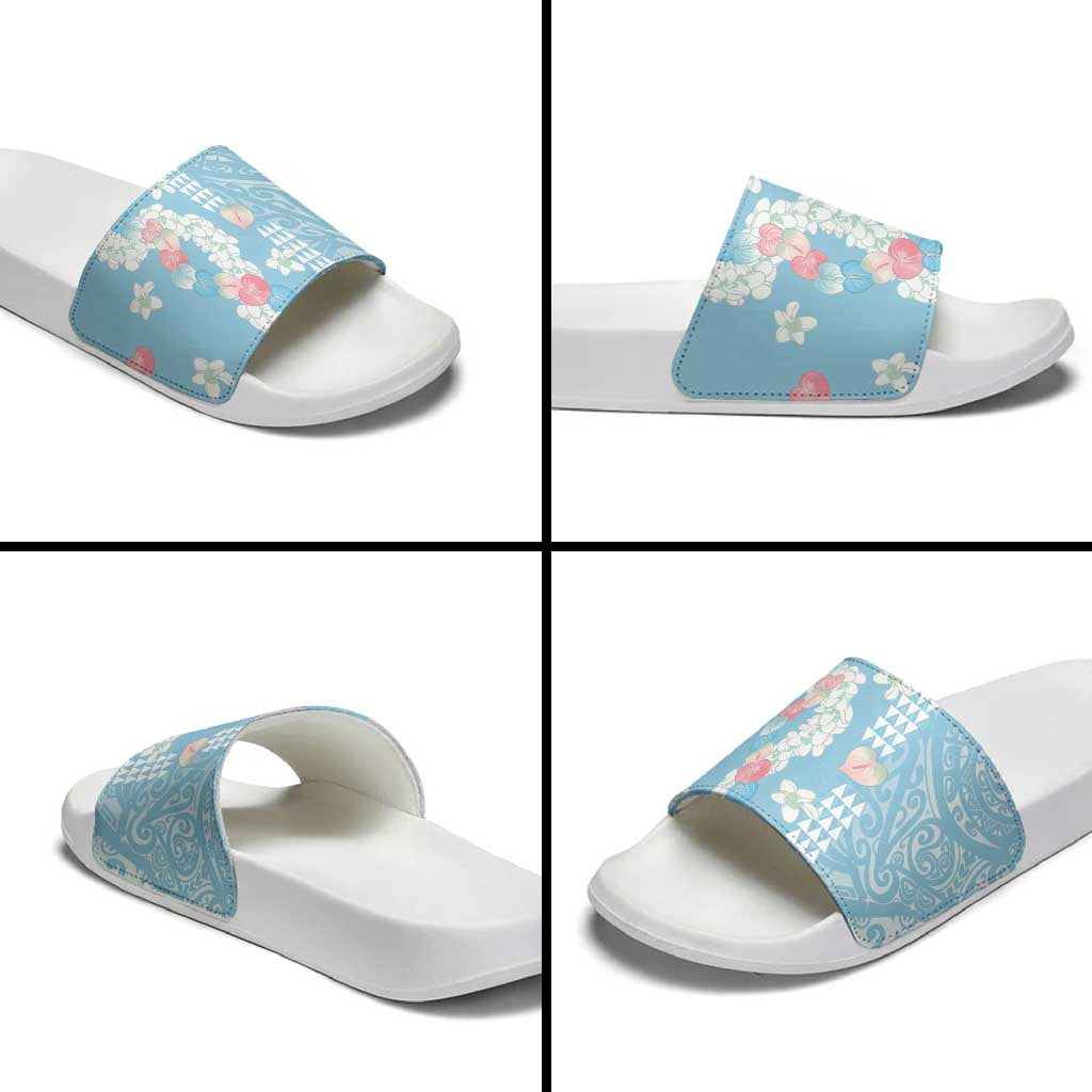 Blue Hawaii Anthurium Plumeria Lei Slide Sandals