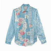 Blue Hawaii Anthurium Plumeria Lei Women Casual Shirt