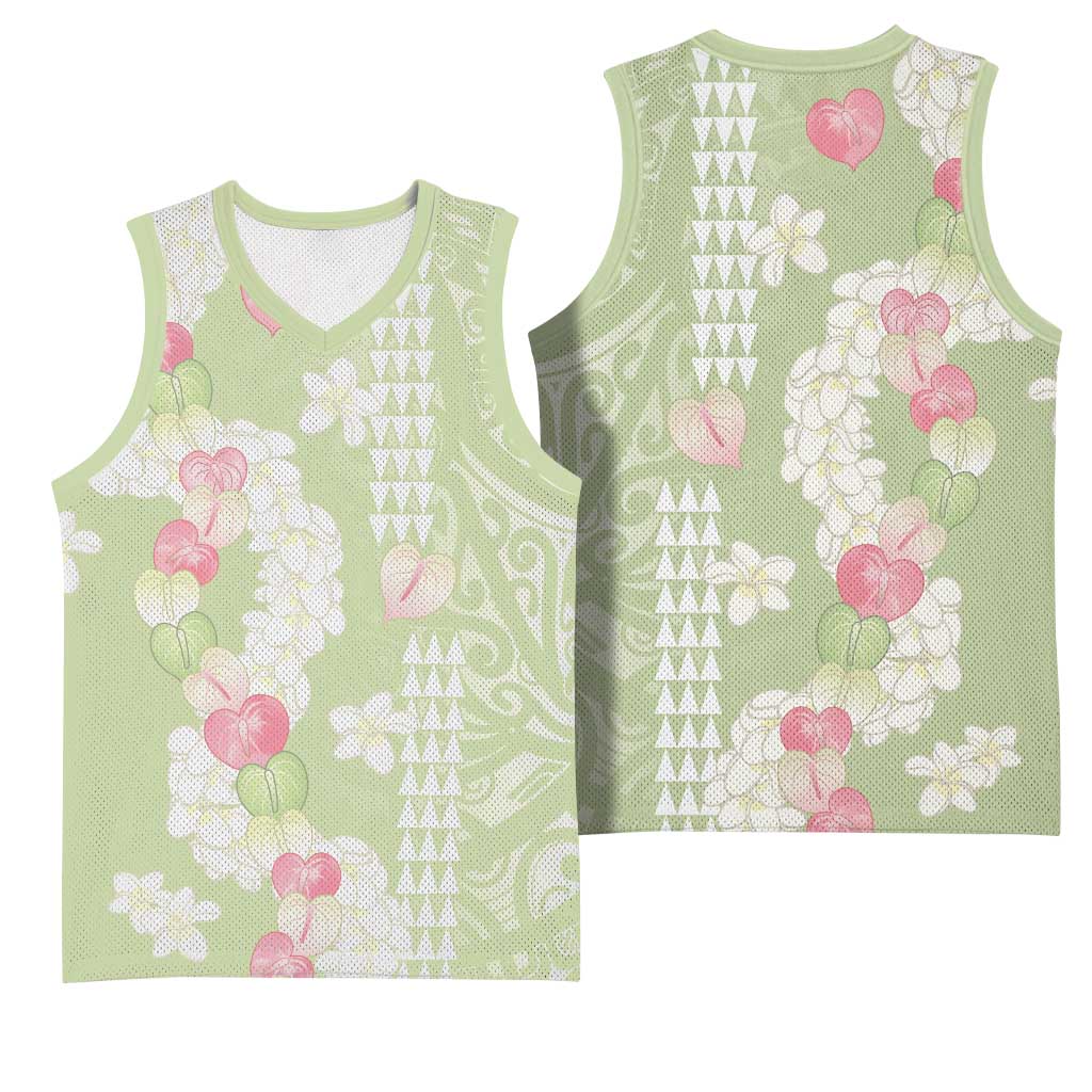 Leaf Green Hawaii Anthurium Plumeria Lei Basketball Jersey LT9 - Polynesian Pride