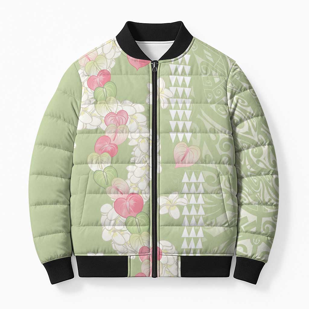Leaf Green Hawaii Anthurium Plumeria Lei Bomber Puffer Jacket
