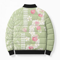Leaf Green Hawaii Anthurium Plumeria Lei Bomber Puffer Jacket