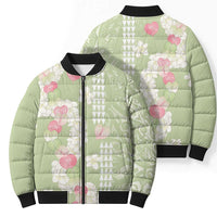 Leaf Green Hawaii Anthurium Plumeria Lei Bomber Puffer Jacket