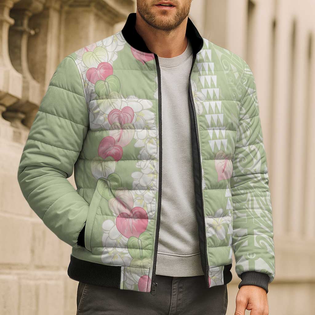 Leaf Green Hawaii Anthurium Plumeria Lei Bomber Puffer Jacket