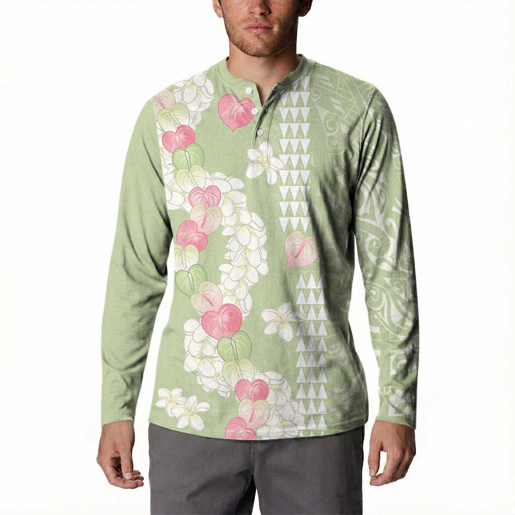 Leaf Green Hawaii Anthurium Plumeria Lei Button Sweatshirt