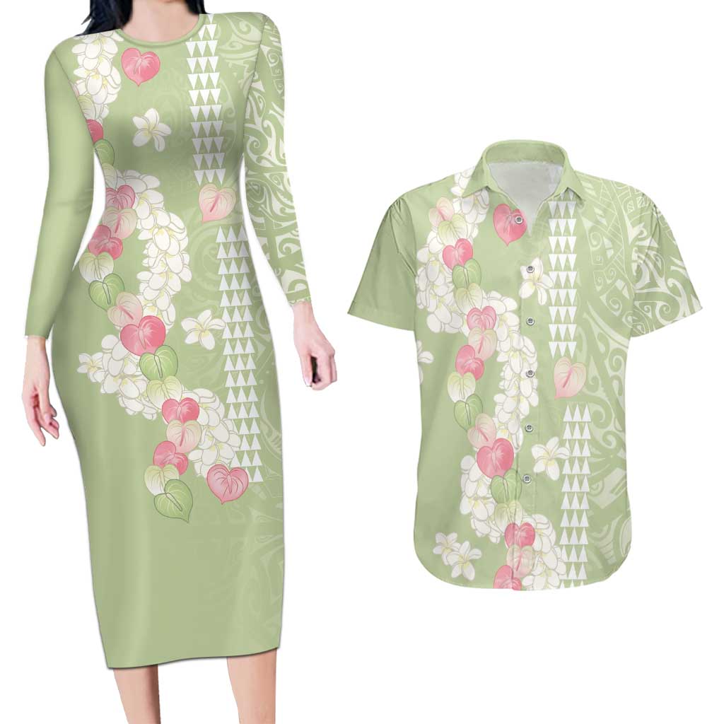 Leaf Green Hawaii Anthurium Plumeria Lei Couples Matching Long Sleeve Bodycon Dress and Hawaiian Shirt