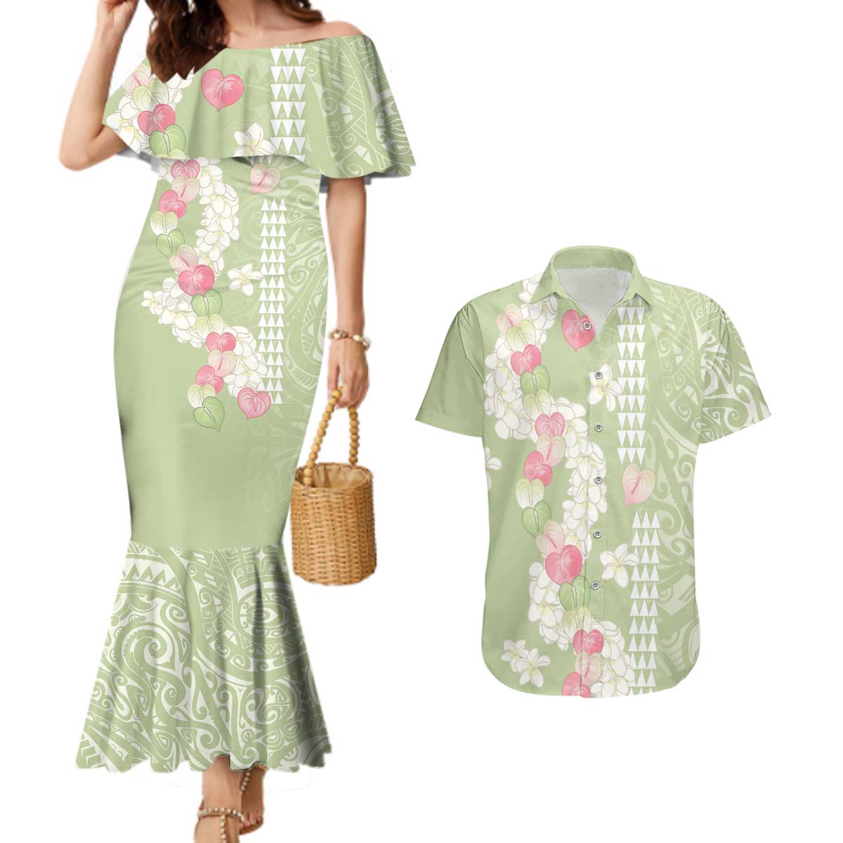 Leaf Green Hawaii Anthurium Plumeria Lei Couples Matching Mermaid Dress and Hawaiian Shirt