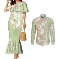 Leaf Green Hawaii Anthurium Plumeria Lei Couples Matching Mermaid Dress and Long Sleeve Button Shirt