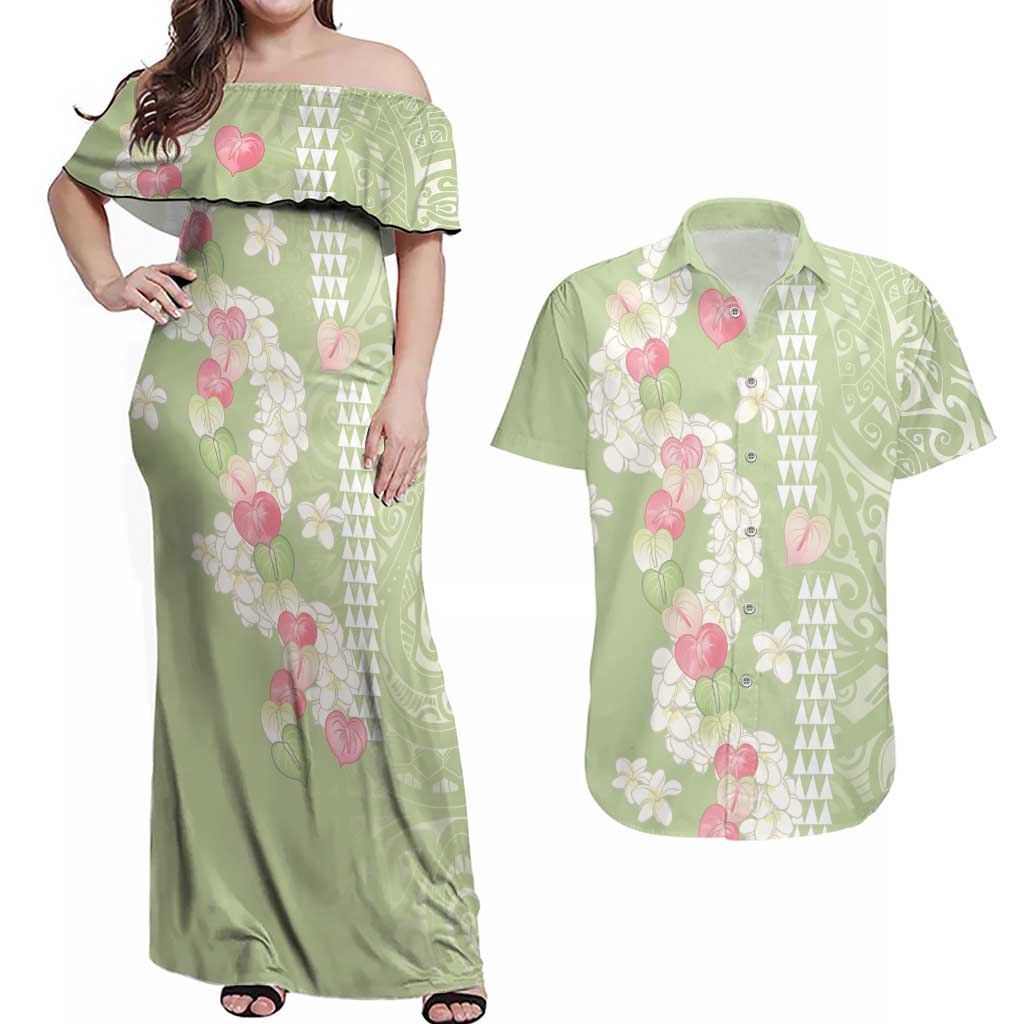 Leaf Green Hawaii Anthurium Plumeria Lei Couples Matching Off Shoulder Maxi Dress and Hawaiian Shirt LT9 Green - Polynesian Pride