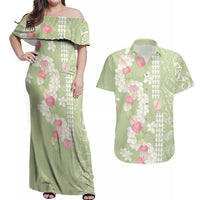 Leaf Green Hawaii Anthurium Plumeria Lei Couples Matching Off Shoulder Maxi Dress and Hawaiian Shirt LT9 Green - Polynesian Pride