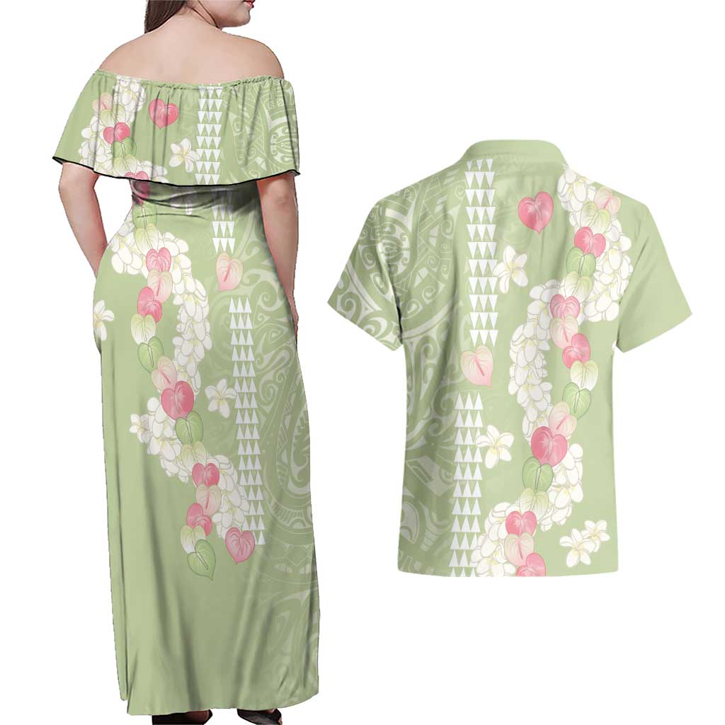 Leaf Green Hawaii Anthurium Plumeria Lei Couples Matching Off Shoulder Maxi Dress and Hawaiian Shirt LT9 - Polynesian Pride