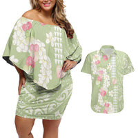 Leaf Green Hawaii Anthurium Plumeria Lei Couples Matching Off Shoulder Short Dress and Hawaiian Shirt LT9 Green - Polynesian Pride