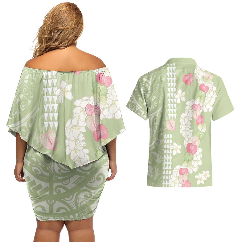 Leaf Green Hawaii Anthurium Plumeria Lei Couples Matching Off Shoulder Short Dress and Hawaiian Shirt LT9 - Polynesian Pride