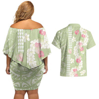 Leaf Green Hawaii Anthurium Plumeria Lei Couples Matching Off Shoulder Short Dress and Hawaiian Shirt LT9 - Polynesian Pride