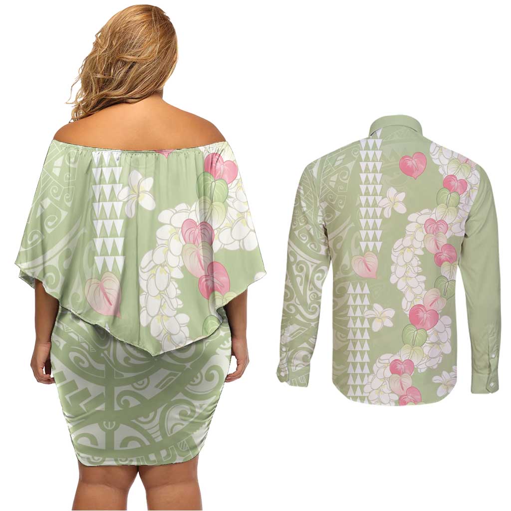 Leaf Green Hawaii Anthurium Plumeria Lei Couples Matching Off Shoulder Short Dress and Long Sleeve Button Shirt