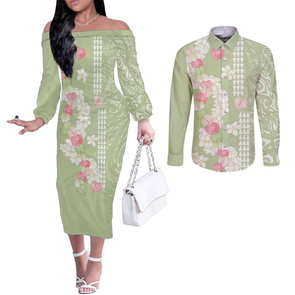 Leaf Green Hawaii Anthurium Plumeria Lei Couples Matching Off The Shoulder Long Sleeve Dress and Long Sleeve Button Shirt LT9 Green - Polynesian Pride