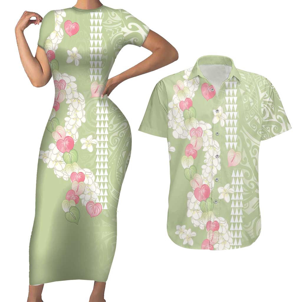 Leaf Green Hawaii Anthurium Plumeria Lei Couples Matching Short Sleeve Bodycon Dress and Hawaiian Shirt LT9 Green - Polynesian Pride