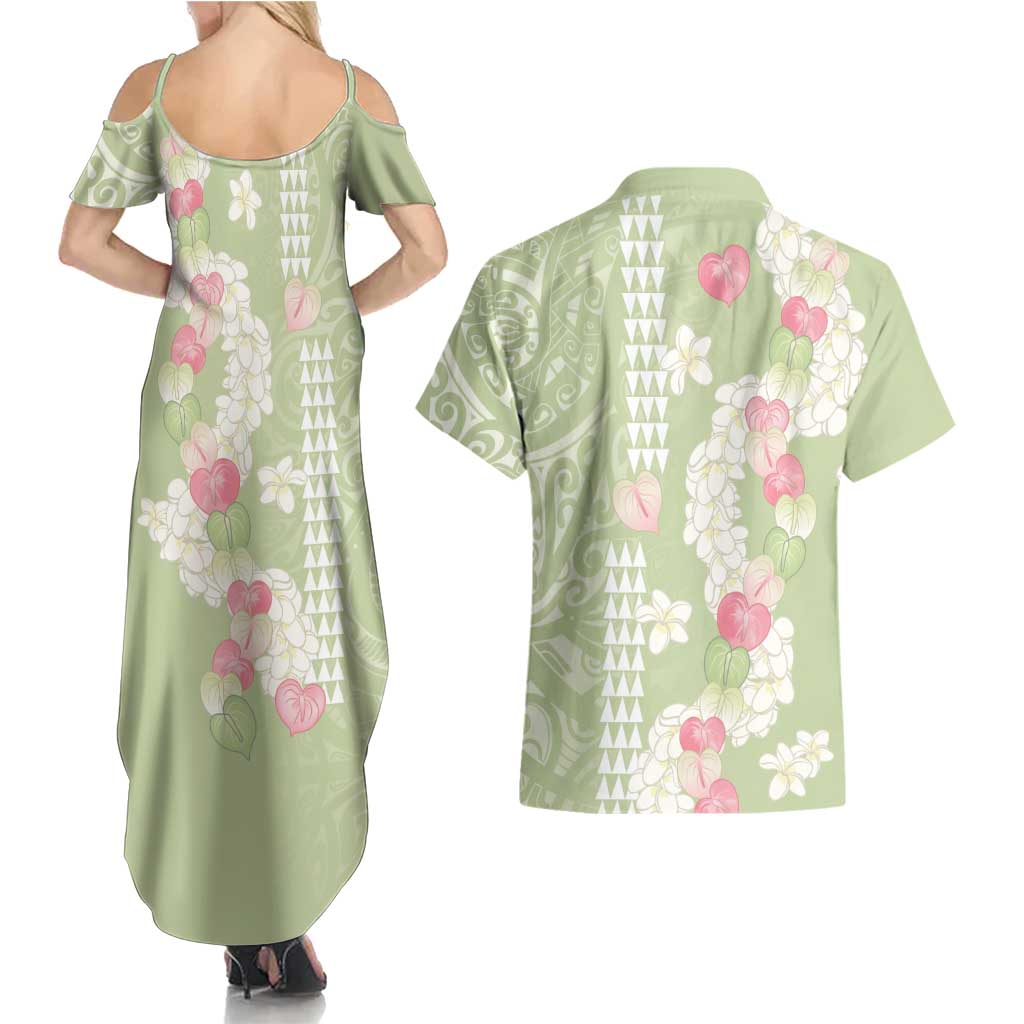 Leaf Green Hawaii Anthurium Plumeria Lei Couples Matching Summer Maxi Dress and Hawaiian Shirt LT9 - Polynesian Pride