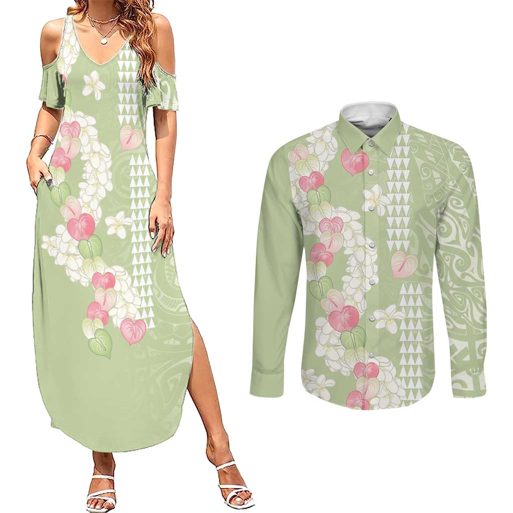 Leaf Green Hawaii Anthurium Plumeria Lei Couples Matching Summer Maxi Dress and Long Sleeve Button Shirt