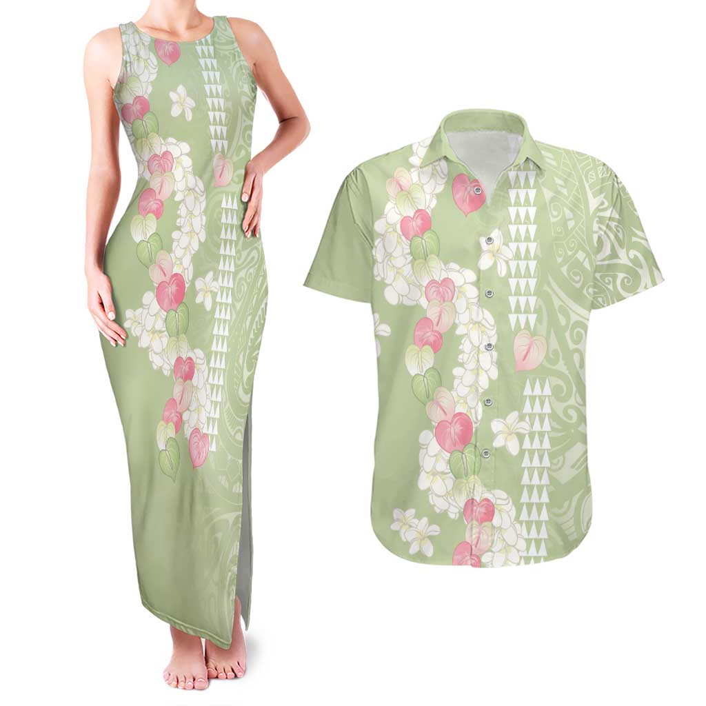 Leaf Green Hawaii Anthurium Plumeria Lei Couples Matching Tank Maxi Dress and Hawaiian Shirt LT9 Green - Polynesian Pride
