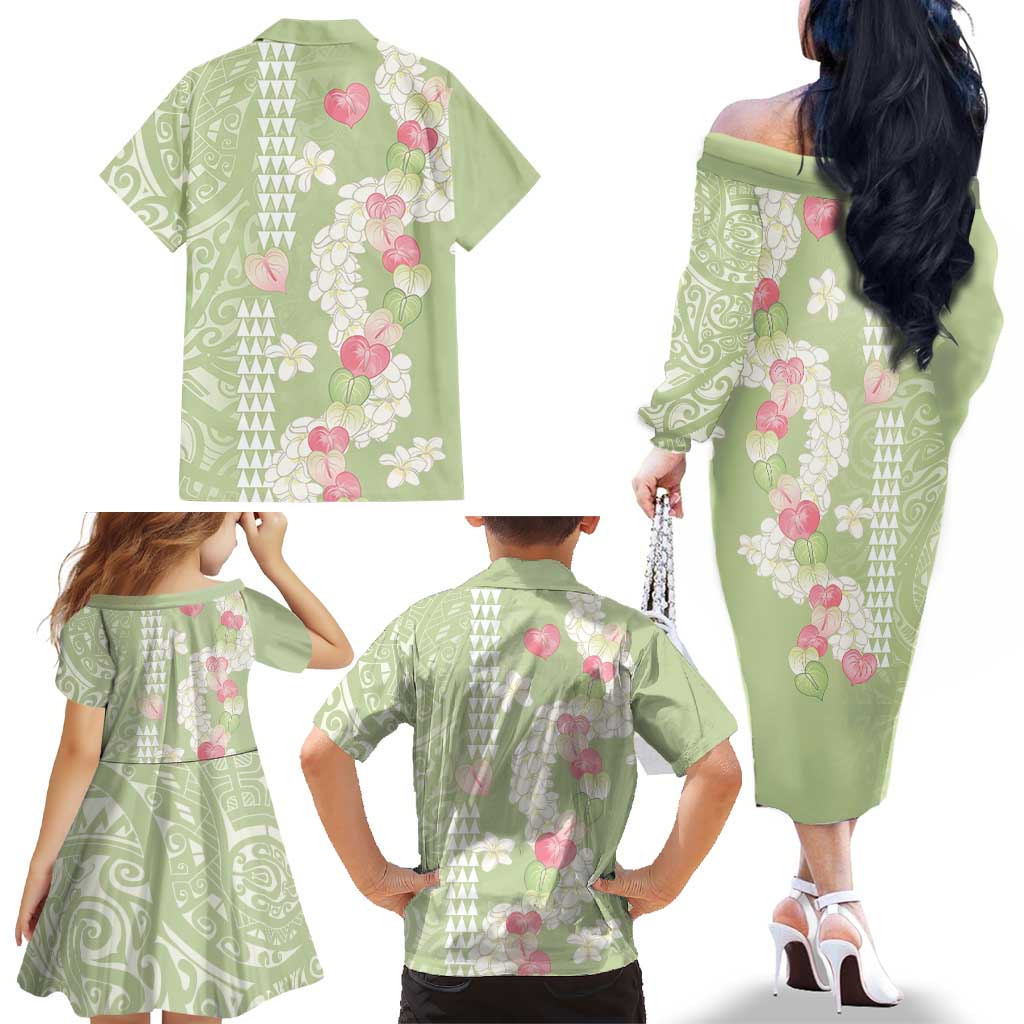 Leaf Green Hawaii Anthurium Plumeria Lei Family Matching Off The Shoulder Long Sleeve Dress and Hawaiian Shirt