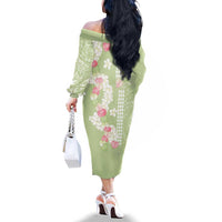 Leaf Green Hawaii Anthurium Plumeria Lei Family Matching Off The Shoulder Long Sleeve Dress and Hawaiian Shirt