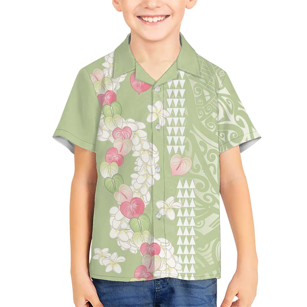 Leaf Green Hawaii Anthurium Plumeria Lei Family Matching Off The Shoulder Long Sleeve Dress and Hawaiian Shirt