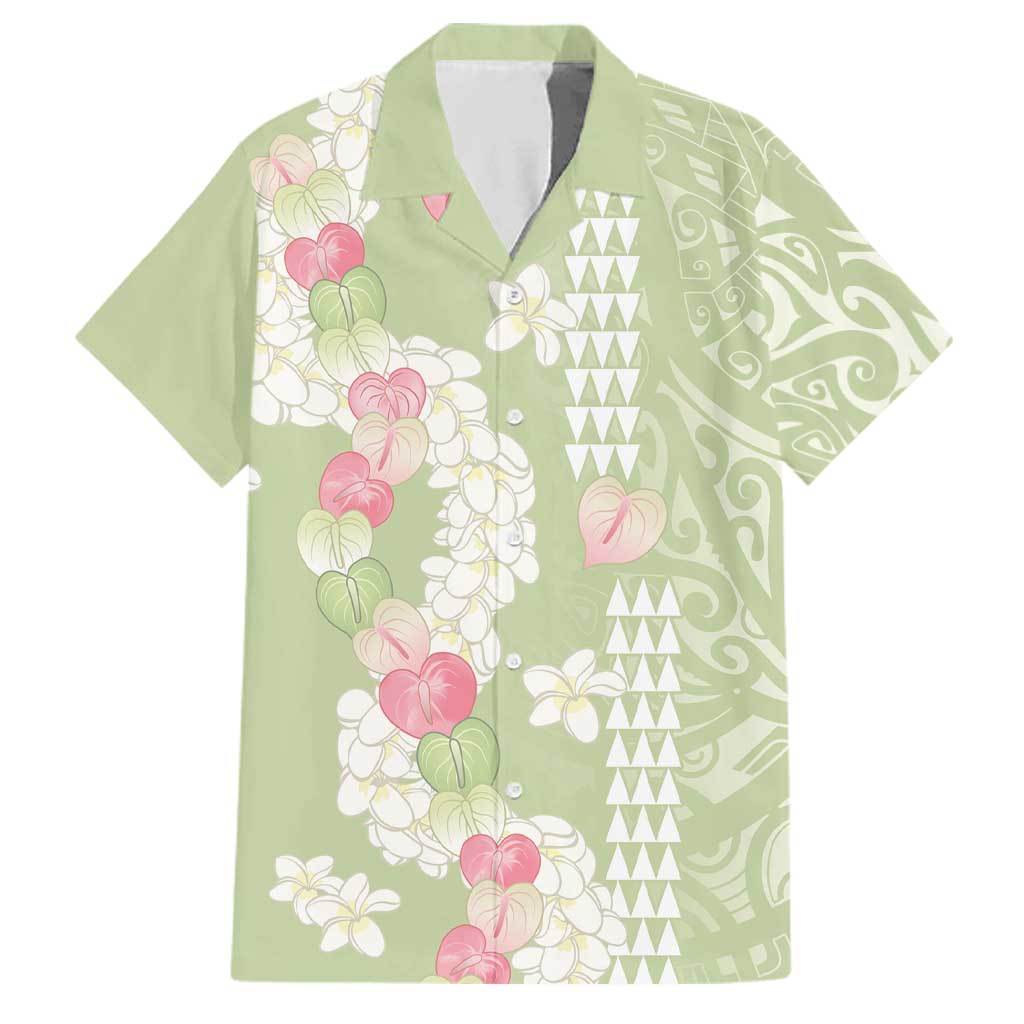 Leaf Green Hawaii Anthurium Plumeria Lei Family Matching Off Shoulder Maxi Dress and Hawaiian Shirt LT9 Dad's Shirt - Short Sleeve Green - Polynesian Pride