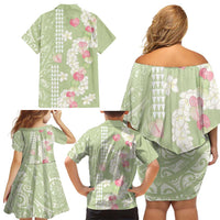 Leaf Green Hawaii Anthurium Plumeria Lei Family Matching Off Shoulder Short Dress and Hawaiian Shirt