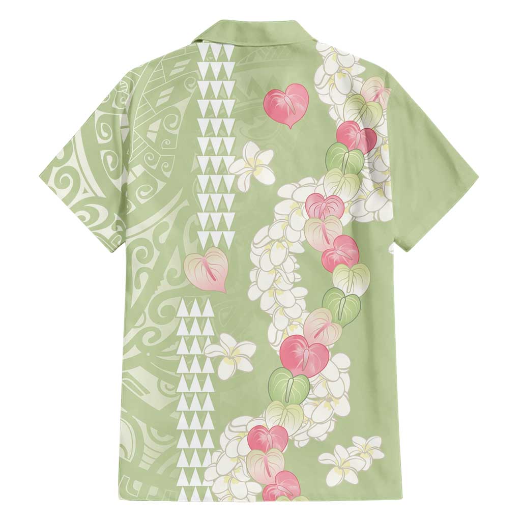 Leaf Green Hawaii Anthurium Plumeria Lei Family Matching Off Shoulder Short Dress and Hawaiian Shirt