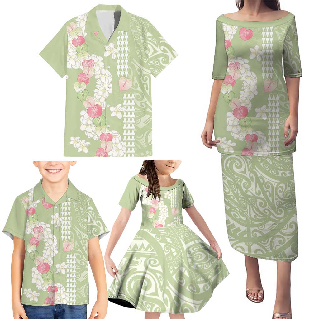 Leaf Green Hawaii Anthurium Plumeria Lei Family Matching Puletasi and Hawaiian Shirt