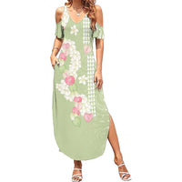 Leaf Green Hawaii Anthurium Plumeria Lei Family Matching Summer Maxi Dress and Hawaiian Shirt LT9 Mom's Dress Green - Polynesian Pride