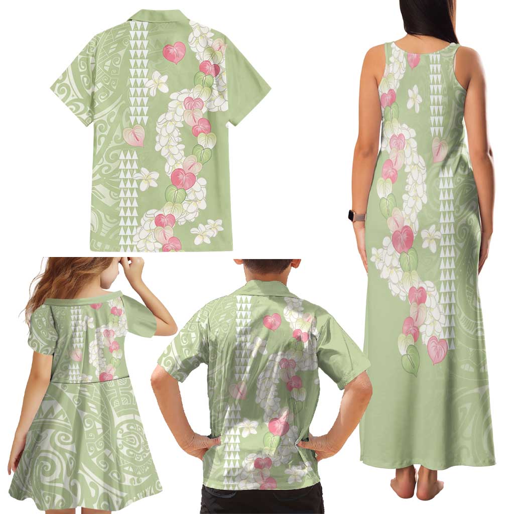 Leaf Green Hawaii Anthurium Plumeria Lei Family Matching Tank Maxi Dress and Hawaiian Shirt