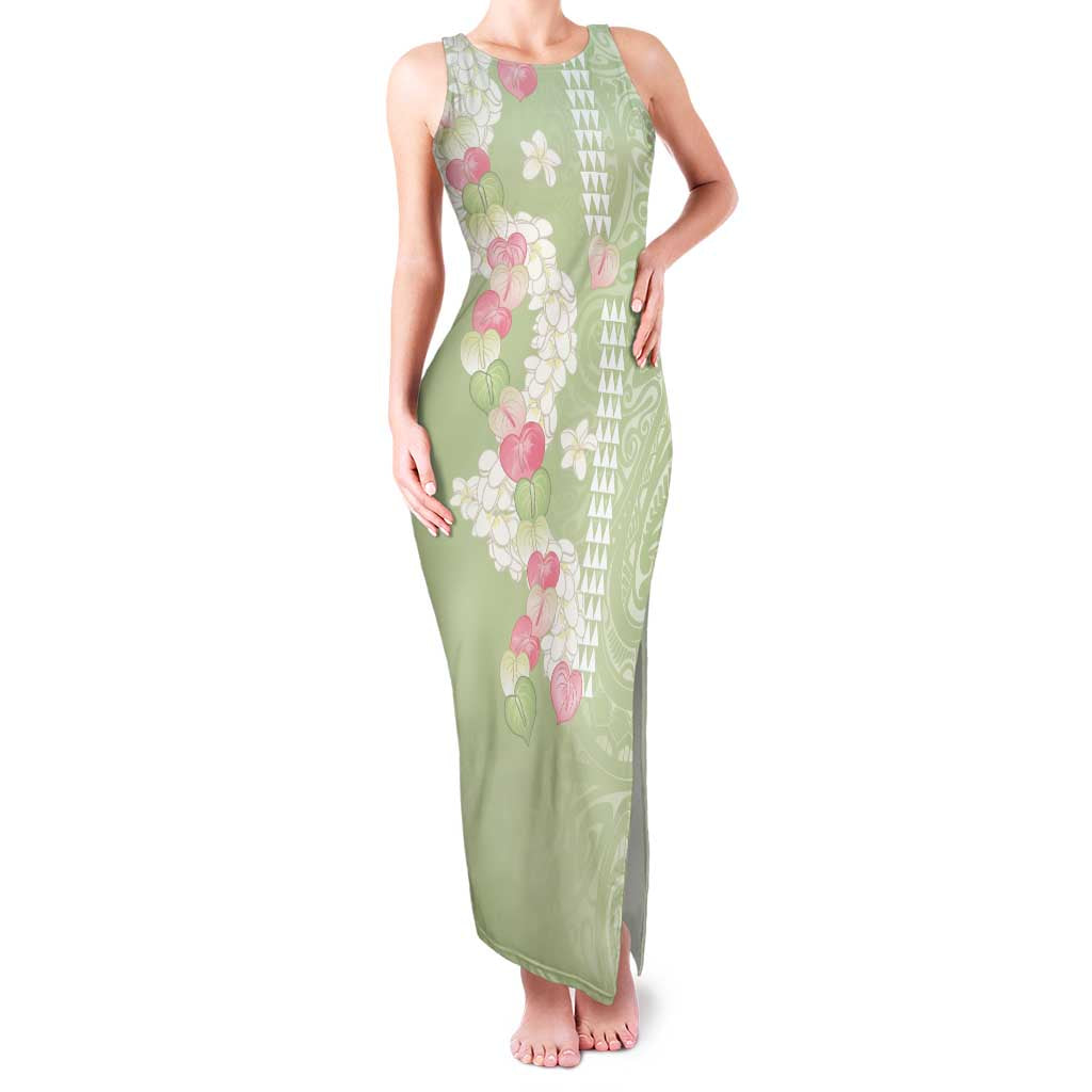 Leaf Green Hawaii Anthurium Plumeria Lei Family Matching Tank Maxi Dress and Hawaiian Shirt