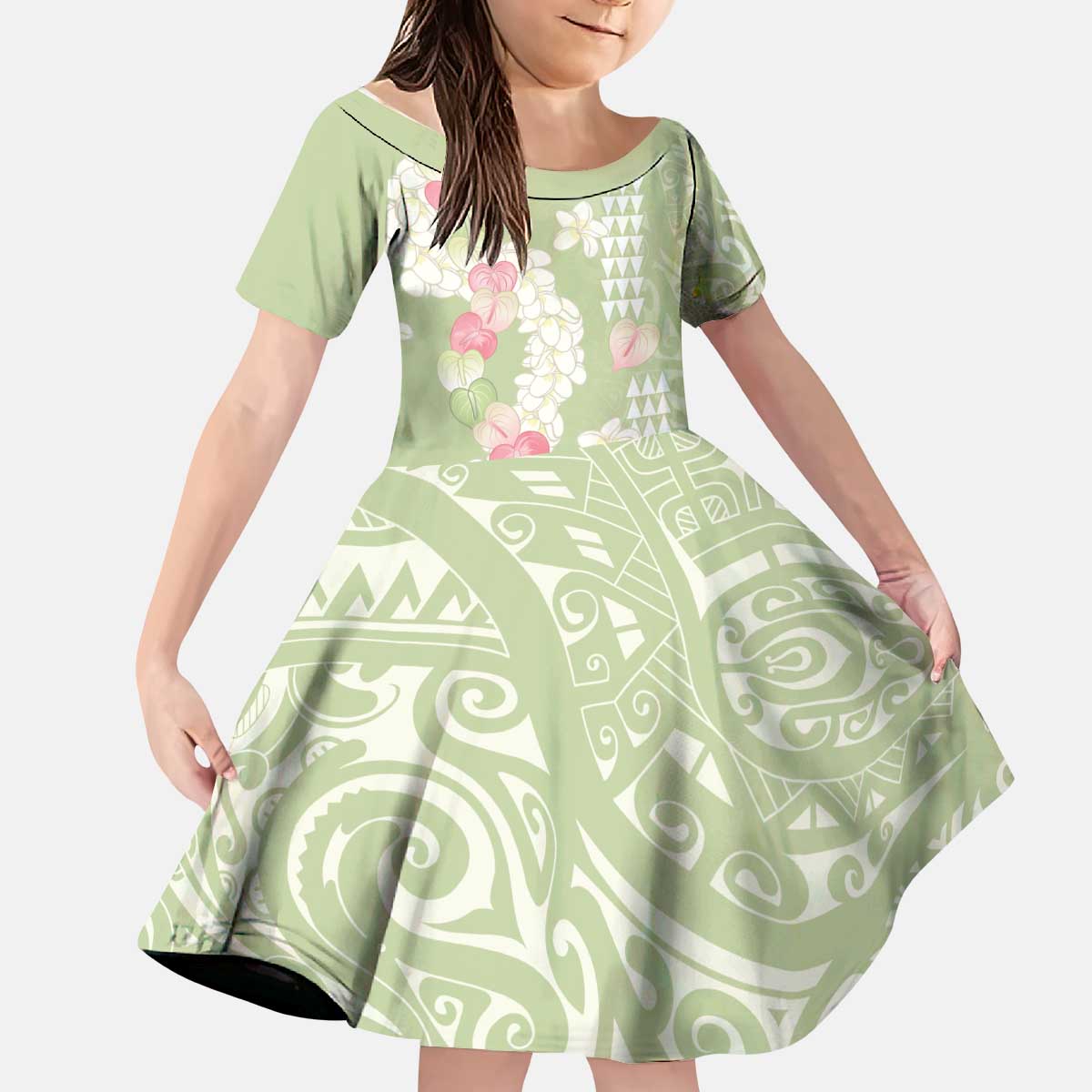 Leaf Green Hawaii Anthurium Plumeria Lei Kid Short Sleeve Dress