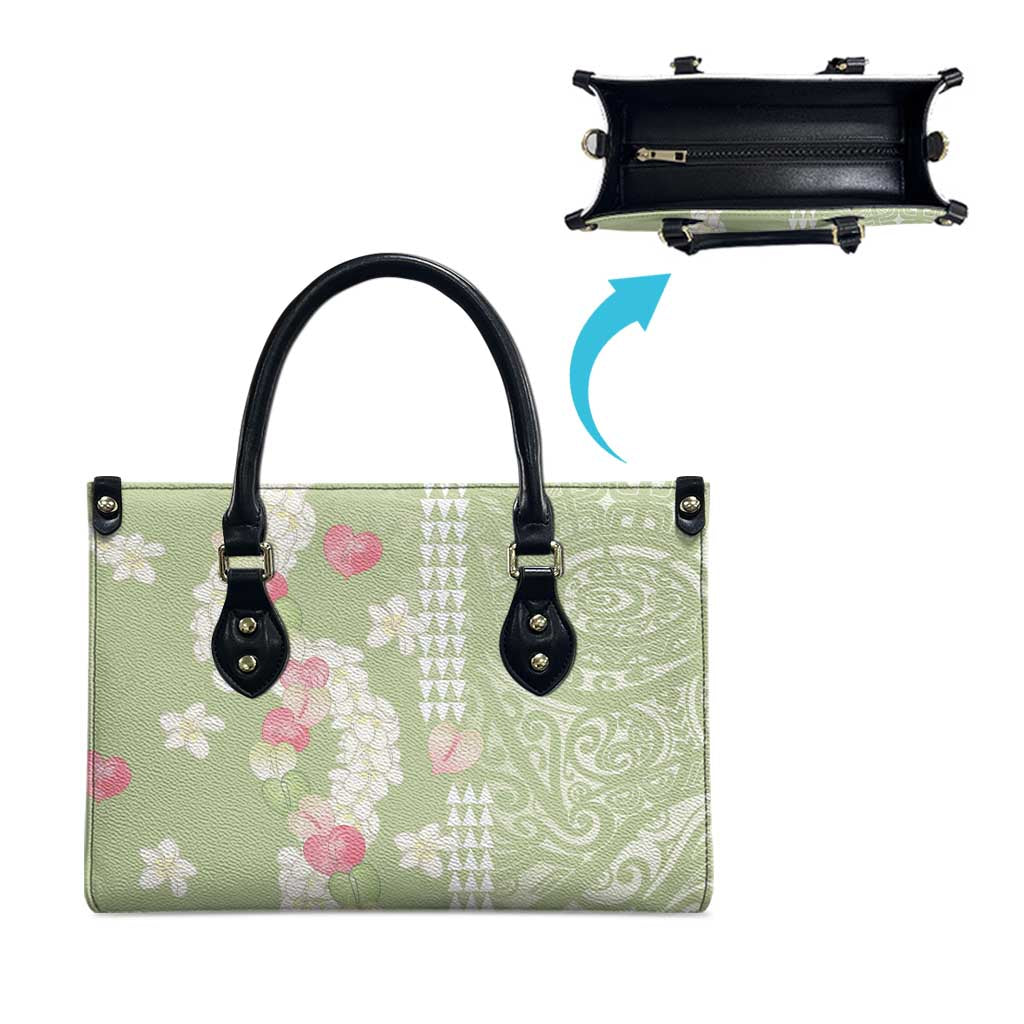Leaf Green Hawaii Anthurium Plumeria Lei Leather Bag