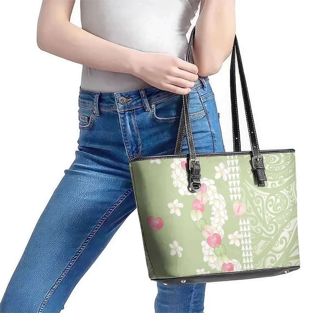 Leaf Green Hawaii Anthurium Plumeria Lei Leather Tote Bag LT9 - Polynesian Pride
