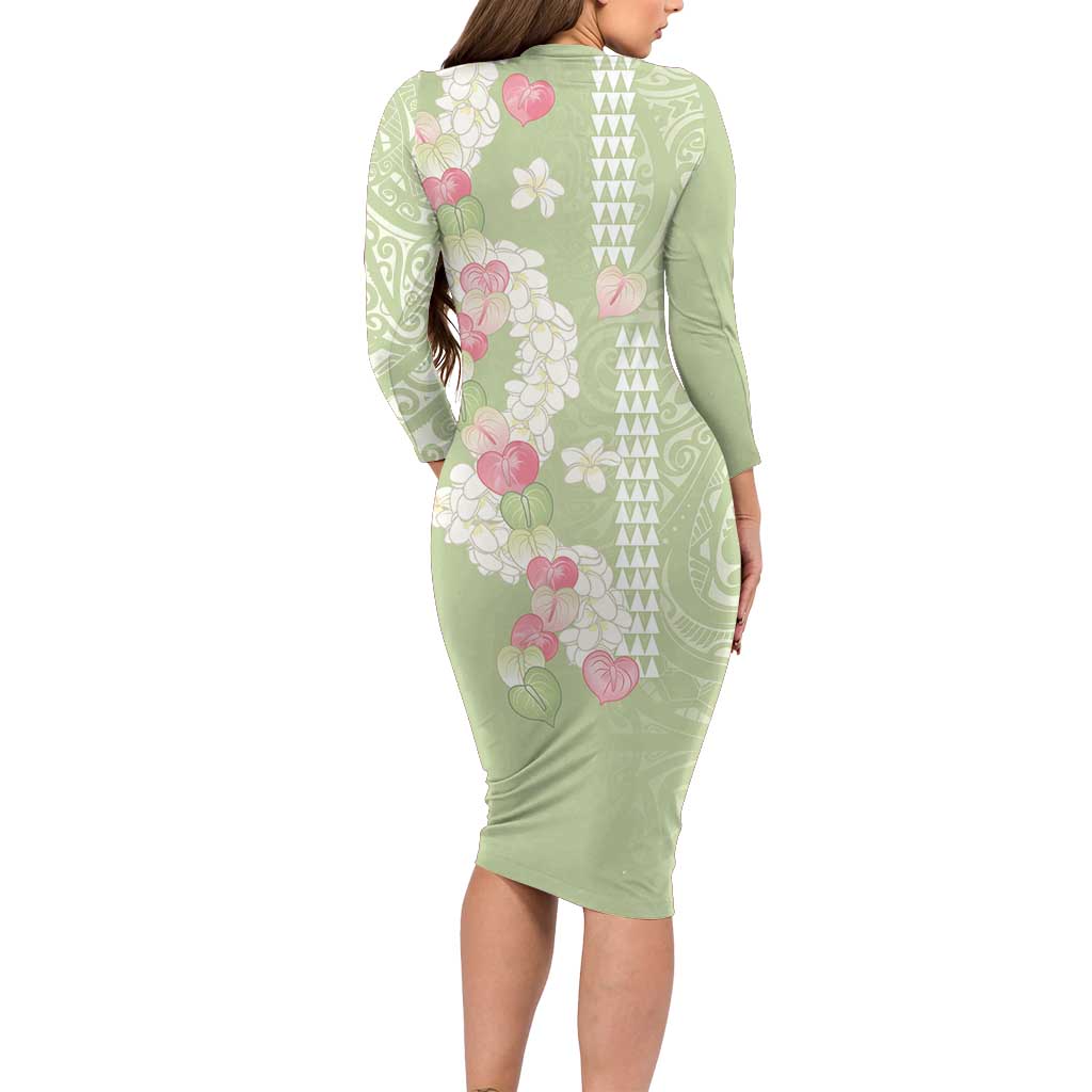 Leaf Green Hawaii Anthurium Plumeria Lei Long Sleeve Bodycon Dress