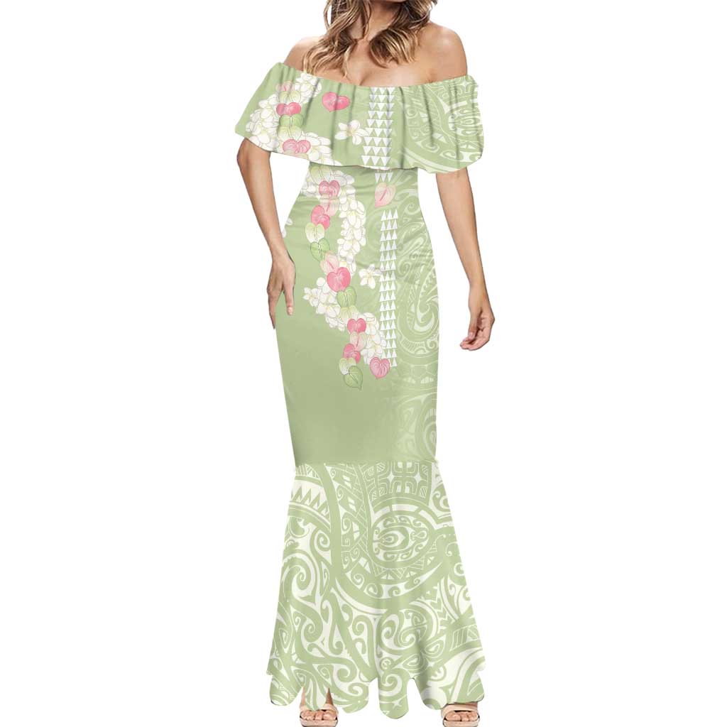 Leaf Green Hawaii Anthurium Plumeria Lei Mermaid Dress