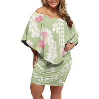 Leaf Green Hawaii Anthurium Plumeria Lei Off Shoulder Short Dress LT9 Women Green - Polynesian Pride