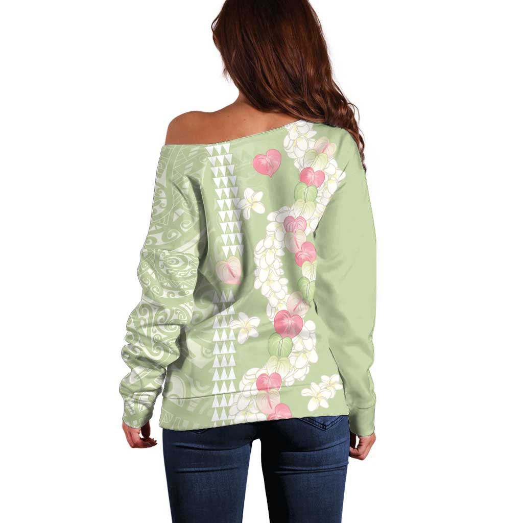 Leaf Green Hawaii Anthurium Plumeria Lei Off Shoulder Sweater