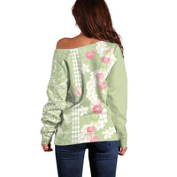 Leaf Green Hawaii Anthurium Plumeria Lei Off Shoulder Sweater