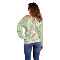 Leaf Green Hawaii Anthurium Plumeria Lei Off Shoulder Sweater